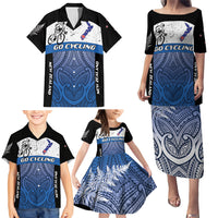 Personalised Cycling New Zealand Family Matching Puletasi and Hawaiian Shirt Aotearoa Map Fern Maori Pattern