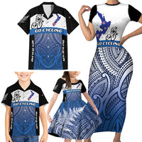 Personalised Cycling New Zealand Family Matching Short Sleeve Bodycon Dress and Hawaiian Shirt Aotearoa Map Fern Maori Pattern