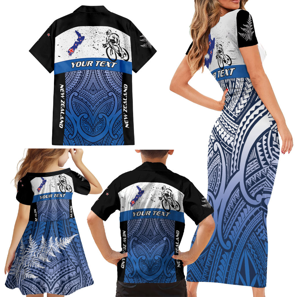 Personalised Cycling New Zealand Family Matching Short Sleeve Bodycon Dress and Hawaiian Shirt Aotearoa Map Fern Maori Pattern