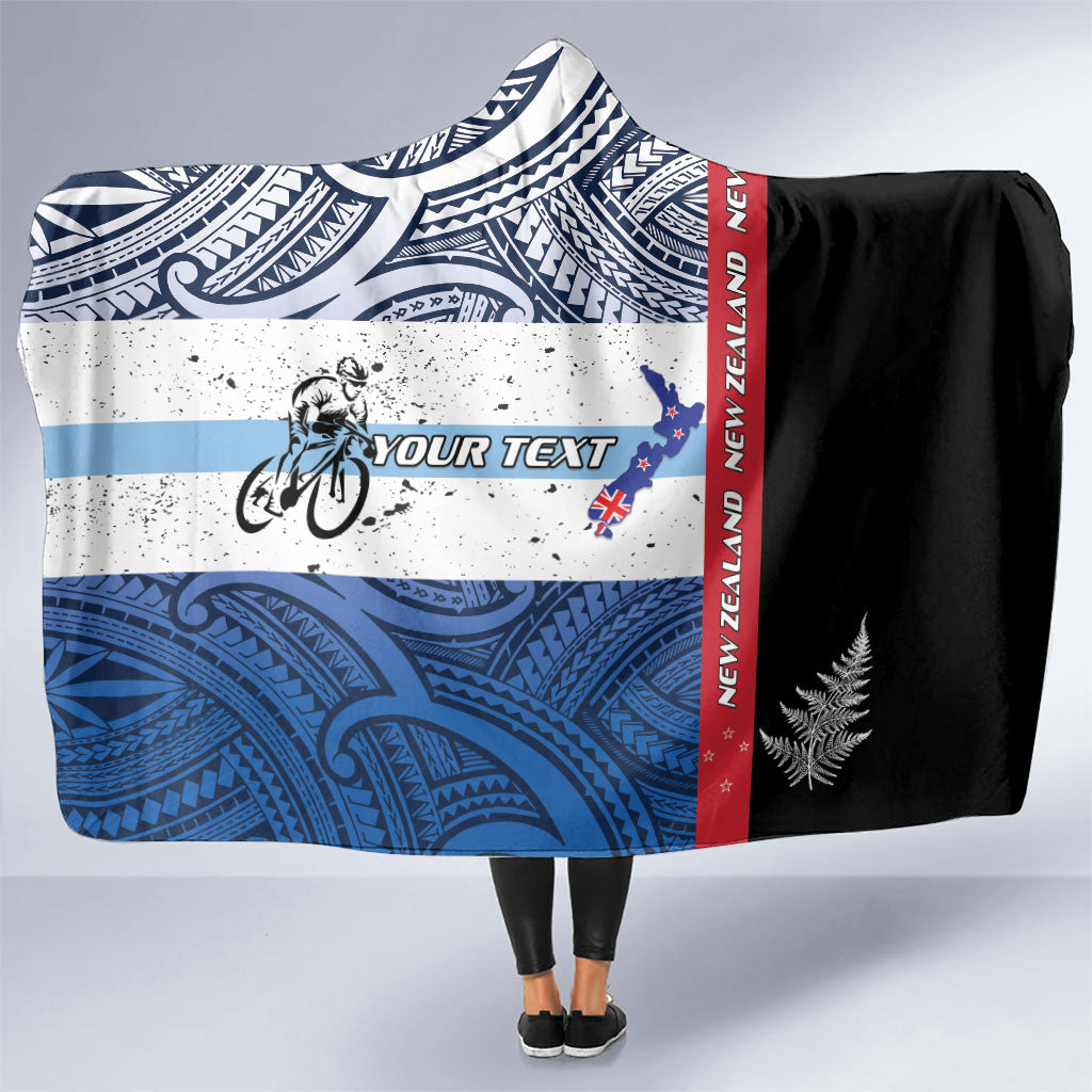 Personalised Cycling New Zealand Hooded Blanket Aotearoa Map Fern Maori Pattern LT22 One Size Blue - Polynesian Pride