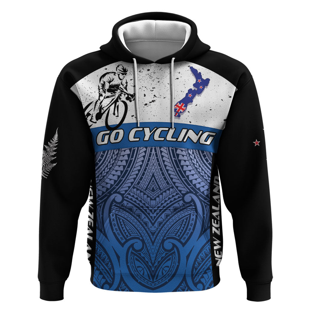 Personalised Cycling New Zealand Hoodie Aotearoa Map Fern Maori Pattern