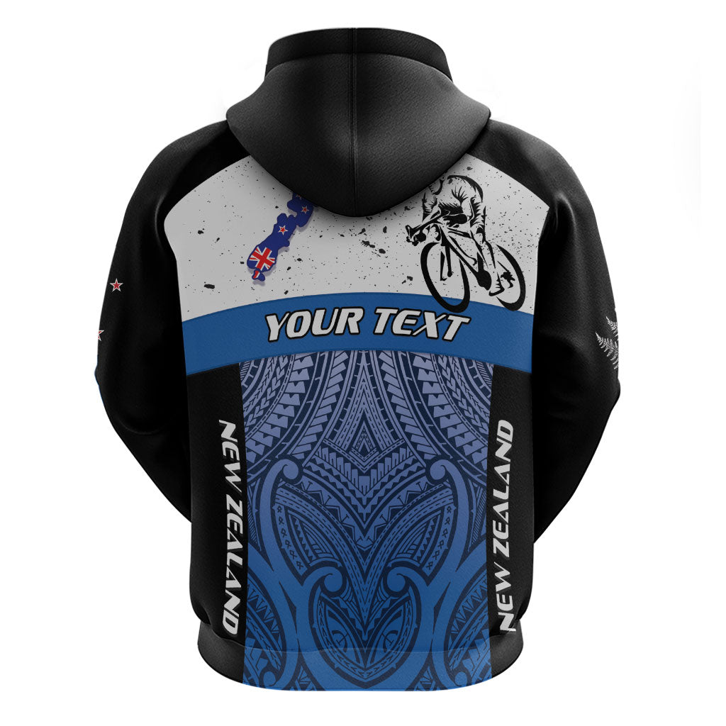 Personalised Cycling New Zealand Hoodie Aotearoa Map Fern Maori Pattern