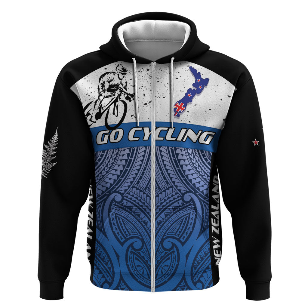 Personalised Cycling New Zealand Hoodie Aotearoa Map Fern Maori Pattern