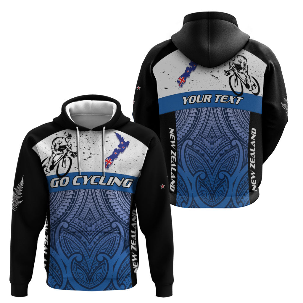 Personalised Cycling New Zealand Hoodie Aotearoa Map Fern Maori Pattern