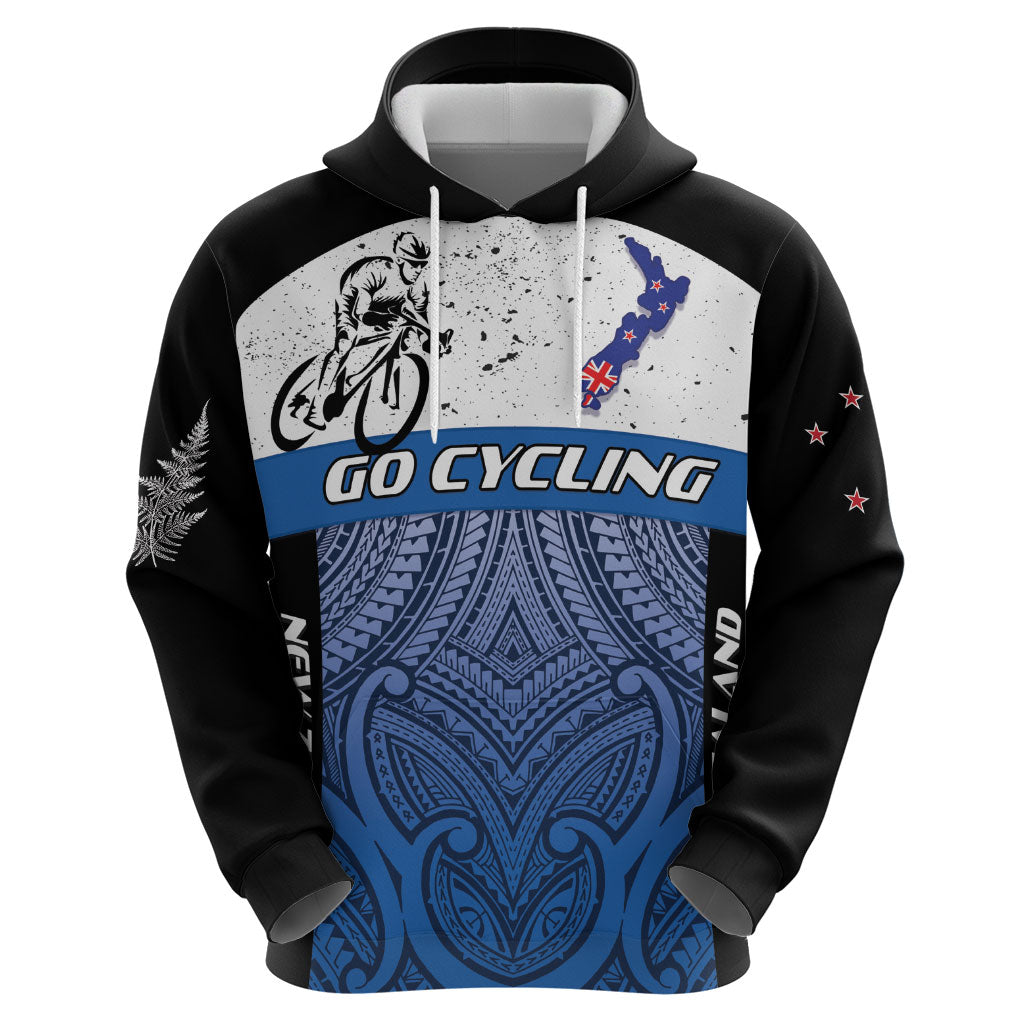 Personalised Cycling New Zealand Hoodie Aotearoa Map Fern Maori Pattern
