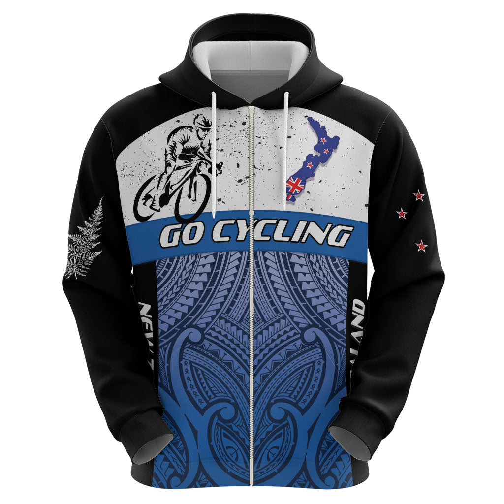 Personalised Cycling New Zealand Hoodie Aotearoa Map Fern Maori Pattern