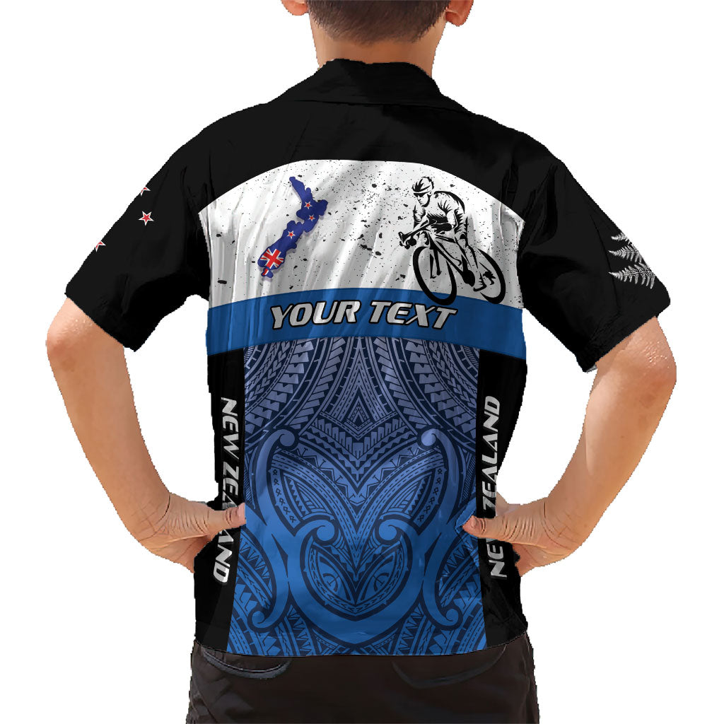 Personalised Cycling New Zealand Kid Hawaiian Shirt Aotearoa Map Fern Maori Pattern