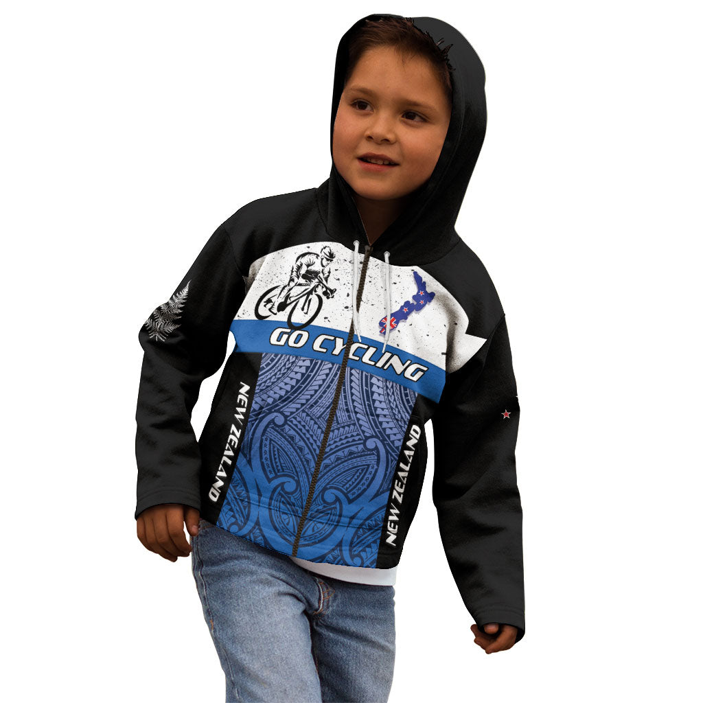 Personalised Cycling New Zealand Kid Hoodie Aotearoa Map Fern Maori Pattern LT22 - Polynesian Pride