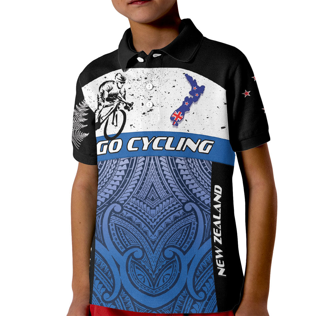 Personalised Cycling New Zealand Kid Polo Shirt Aotearoa Map Fern Maori Pattern LT22 Kid Blue - Polynesian Pride