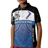 Personalised Cycling New Zealand Kid Polo Shirt Aotearoa Map Fern Maori Pattern LT22 Kid Blue - Polynesian Pride