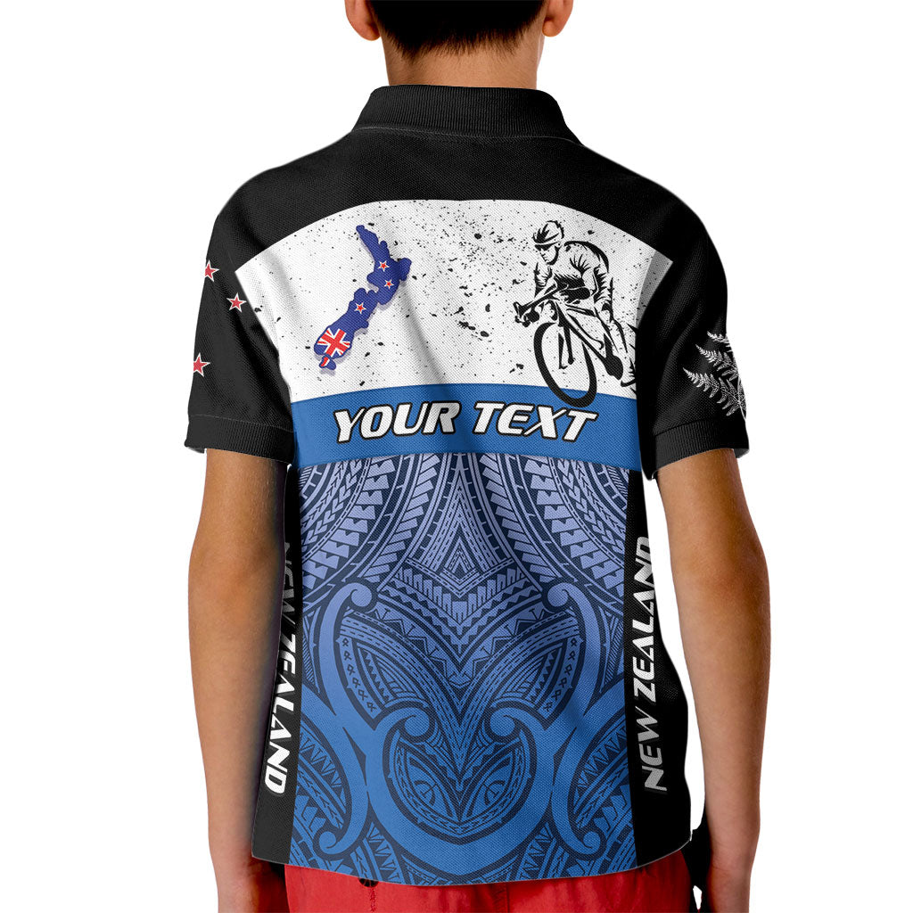 Personalised Cycling New Zealand Kid Polo Shirt Aotearoa Map Fern Maori Pattern LT22 - Polynesian Pride