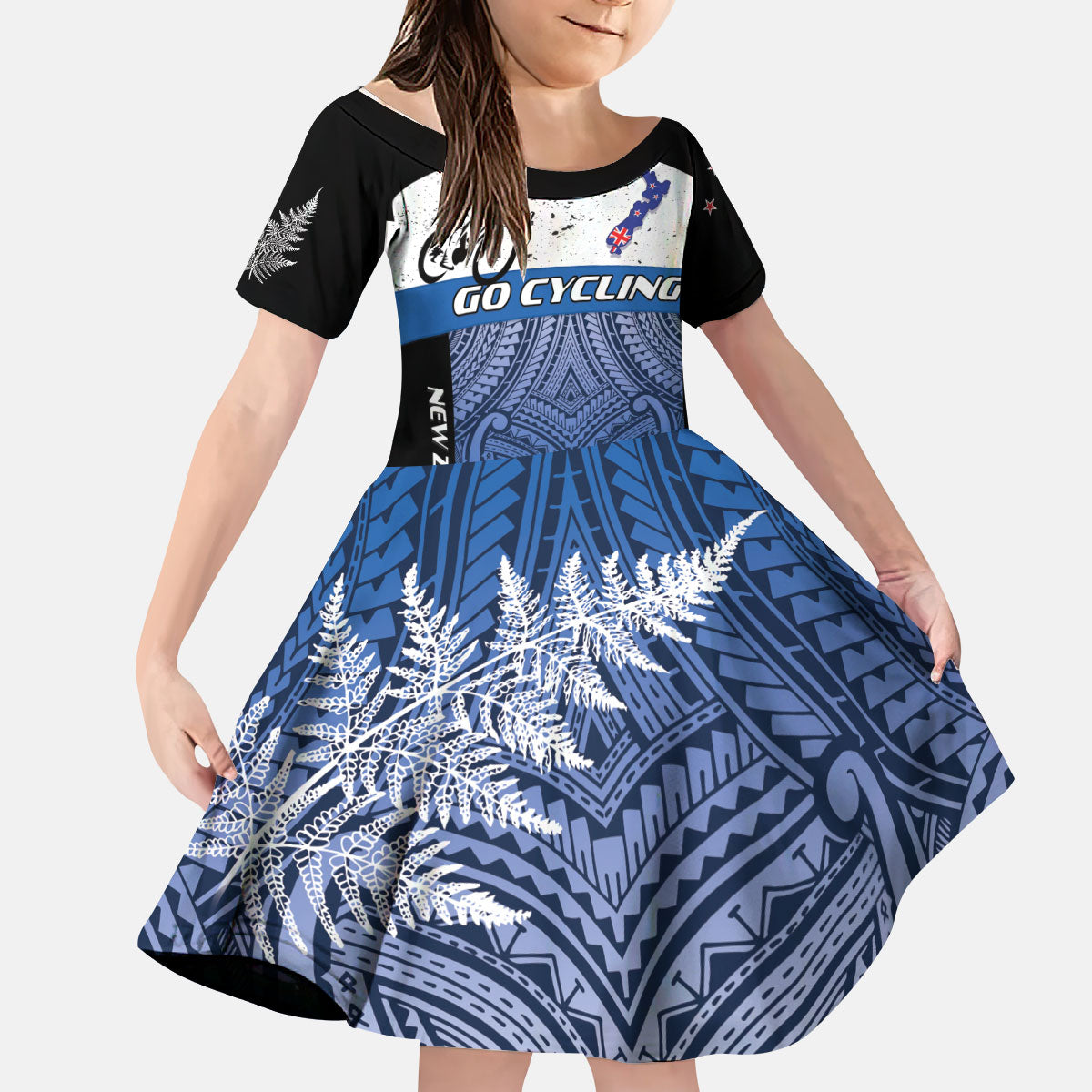 Personalised Cycling New Zealand Kid Short Sleeve Dress Aotearoa Map Fern Maori Pattern