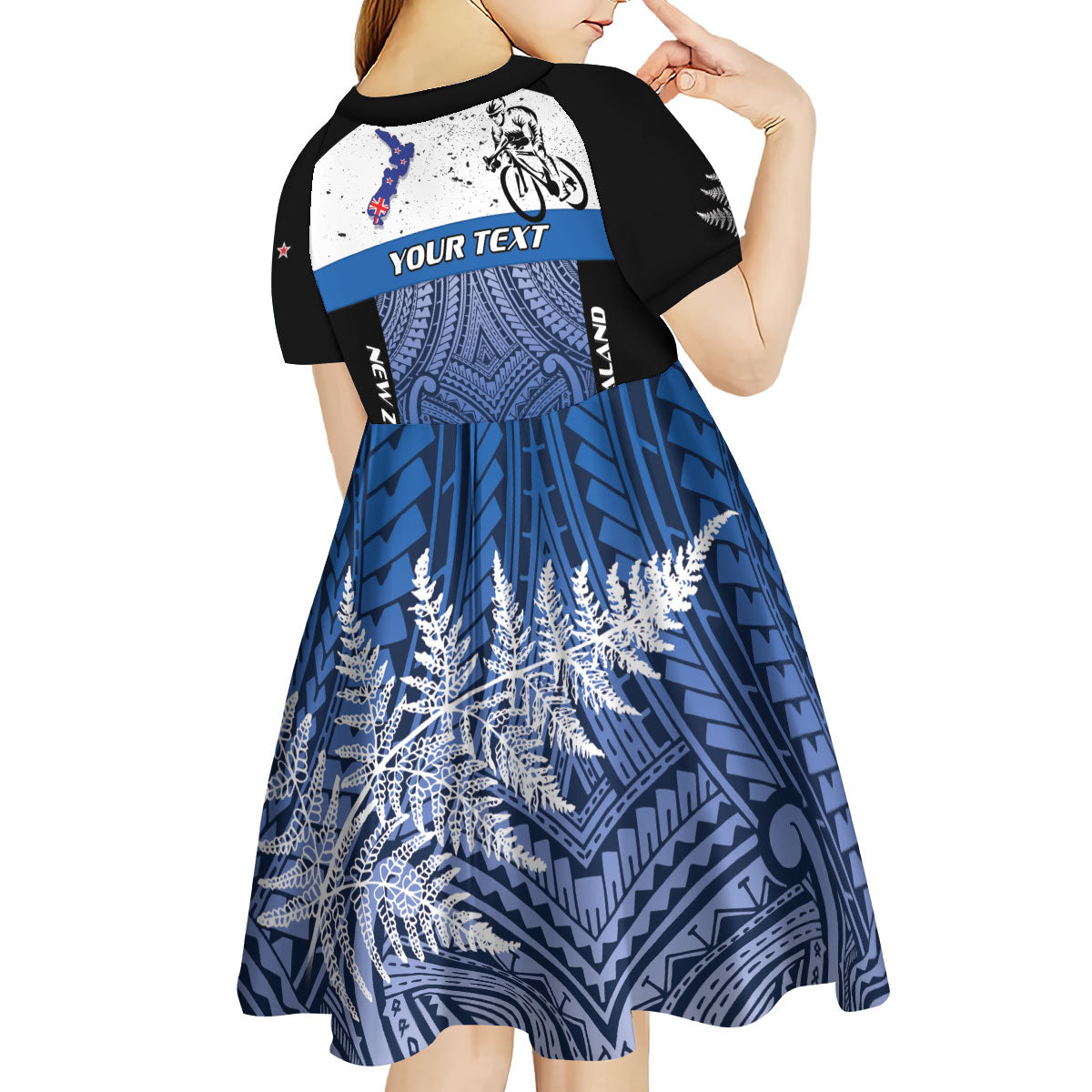 Personalised Cycling New Zealand Kid Short Sleeve Dress Aotearoa Map Fern Maori Pattern