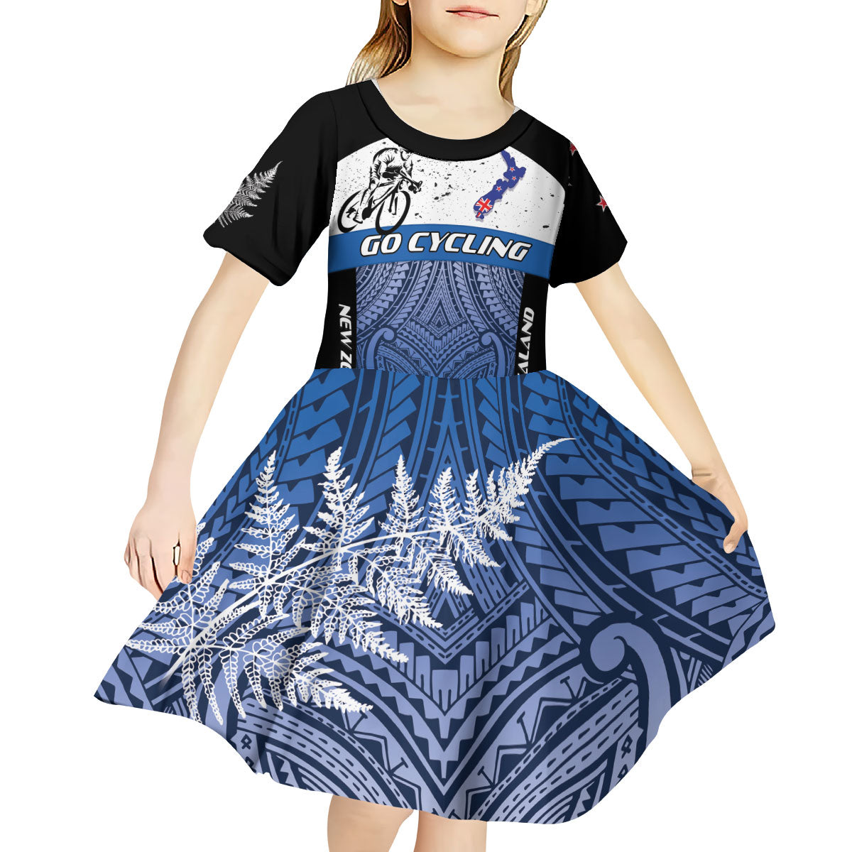 Personalised Cycling New Zealand Kid Short Sleeve Dress Aotearoa Map Fern Maori Pattern