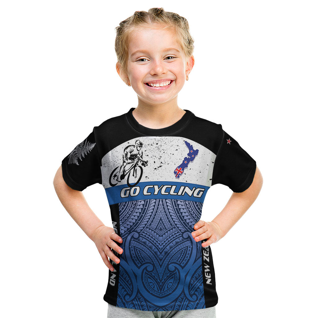Personalised Cycling New Zealand Kid T Shirt Aotearoa Map Fern Maori Pattern LT22 Blue - Polynesian Pride