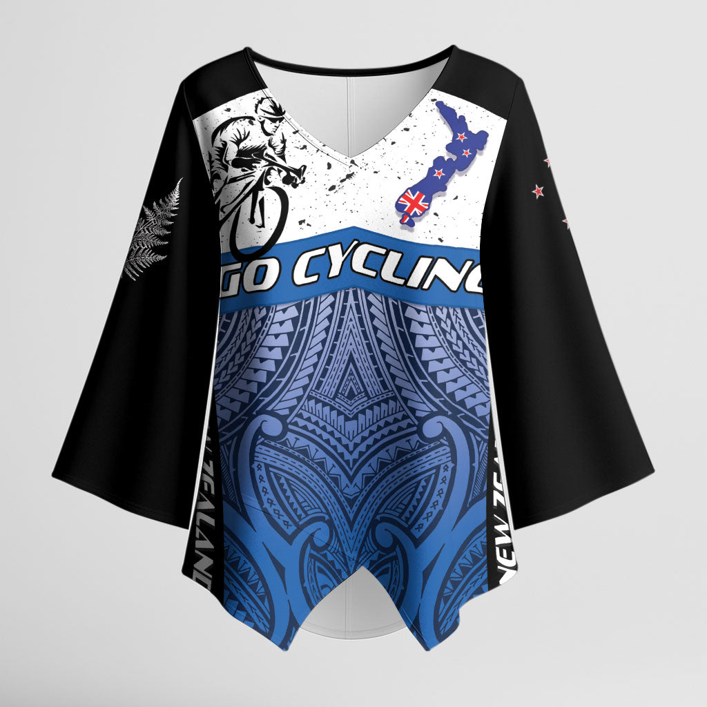 Personalised Cycling New Zealand Kimono Sleeve Blouse Aotearoa Map Fern Maori Pattern