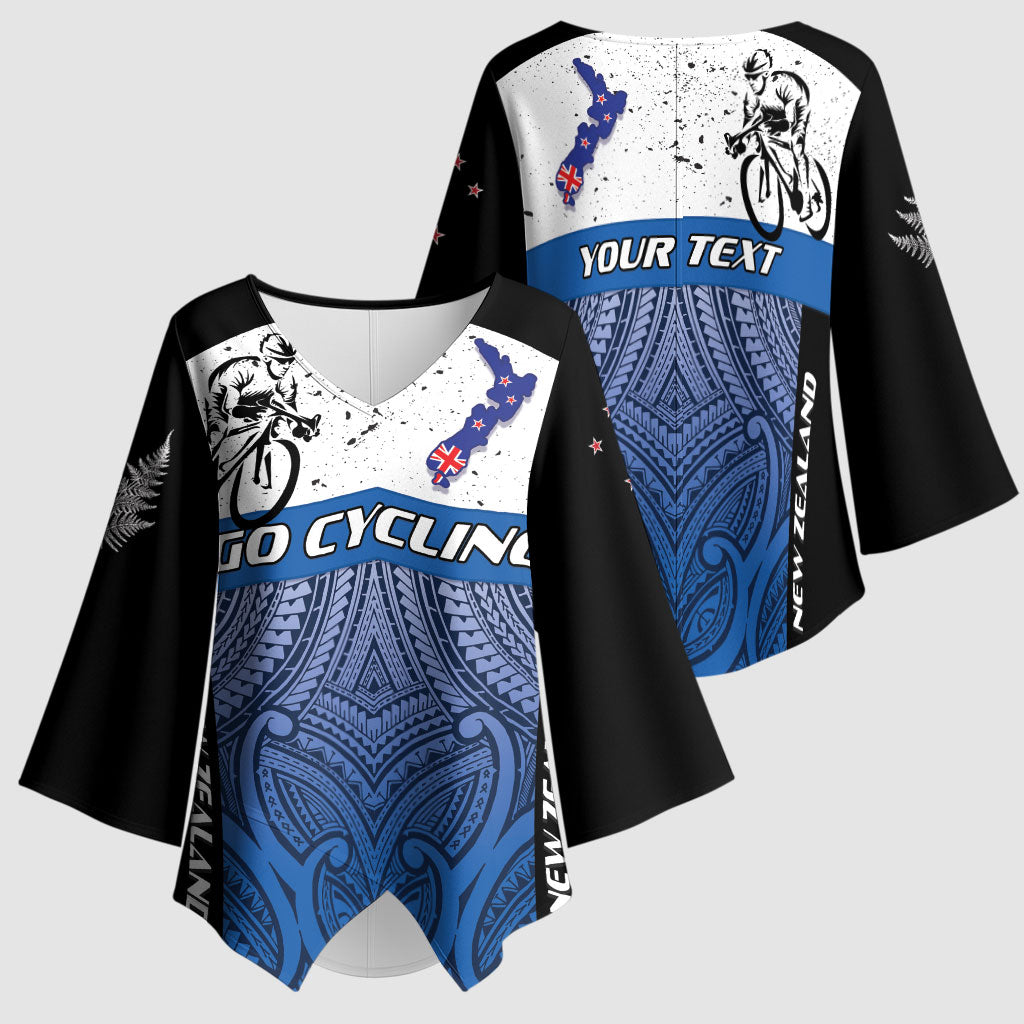 Personalised Cycling New Zealand Kimono Sleeve Blouse Aotearoa Map Fern Maori Pattern