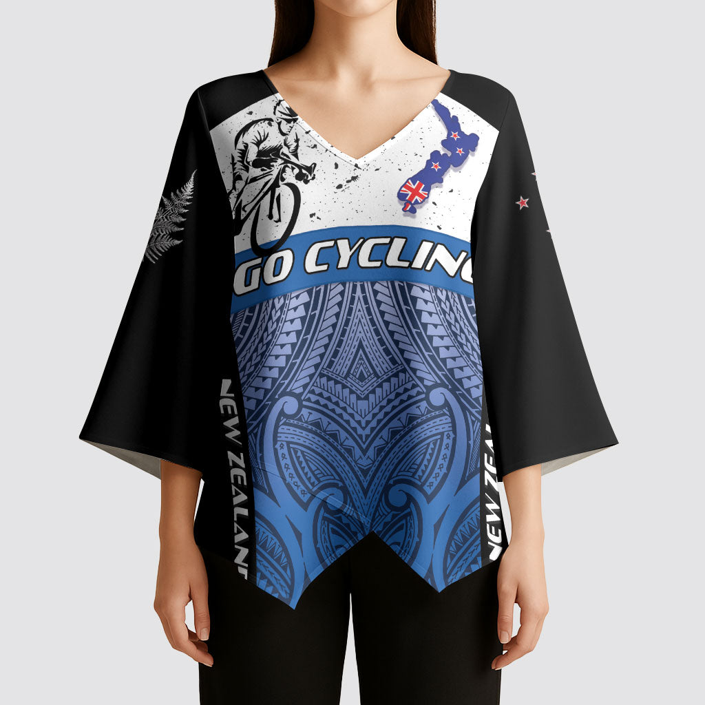 Personalised Cycling New Zealand Kimono Sleeve Blouse Aotearoa Map Fern Maori Pattern