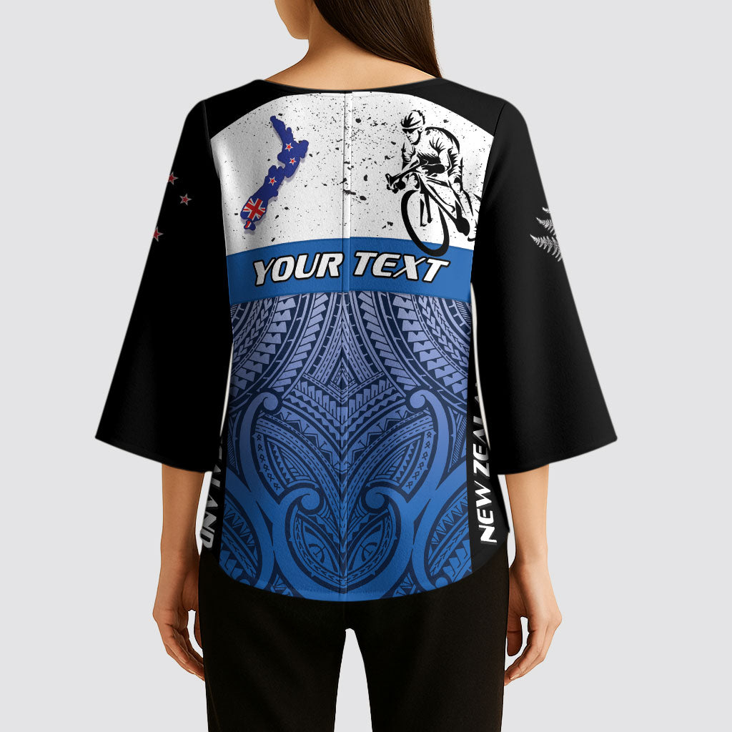 Personalised Cycling New Zealand Kimono Sleeve Blouse Aotearoa Map Fern Maori Pattern