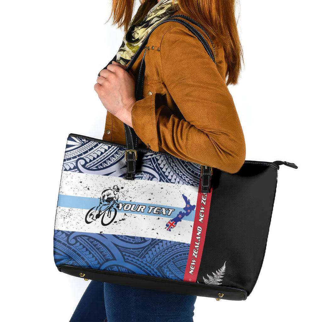 Personalised Cycling New Zealand Leather Tote Bag Aotearoa Map Fern Maori Pattern LT22 Blue - Polynesian Pride