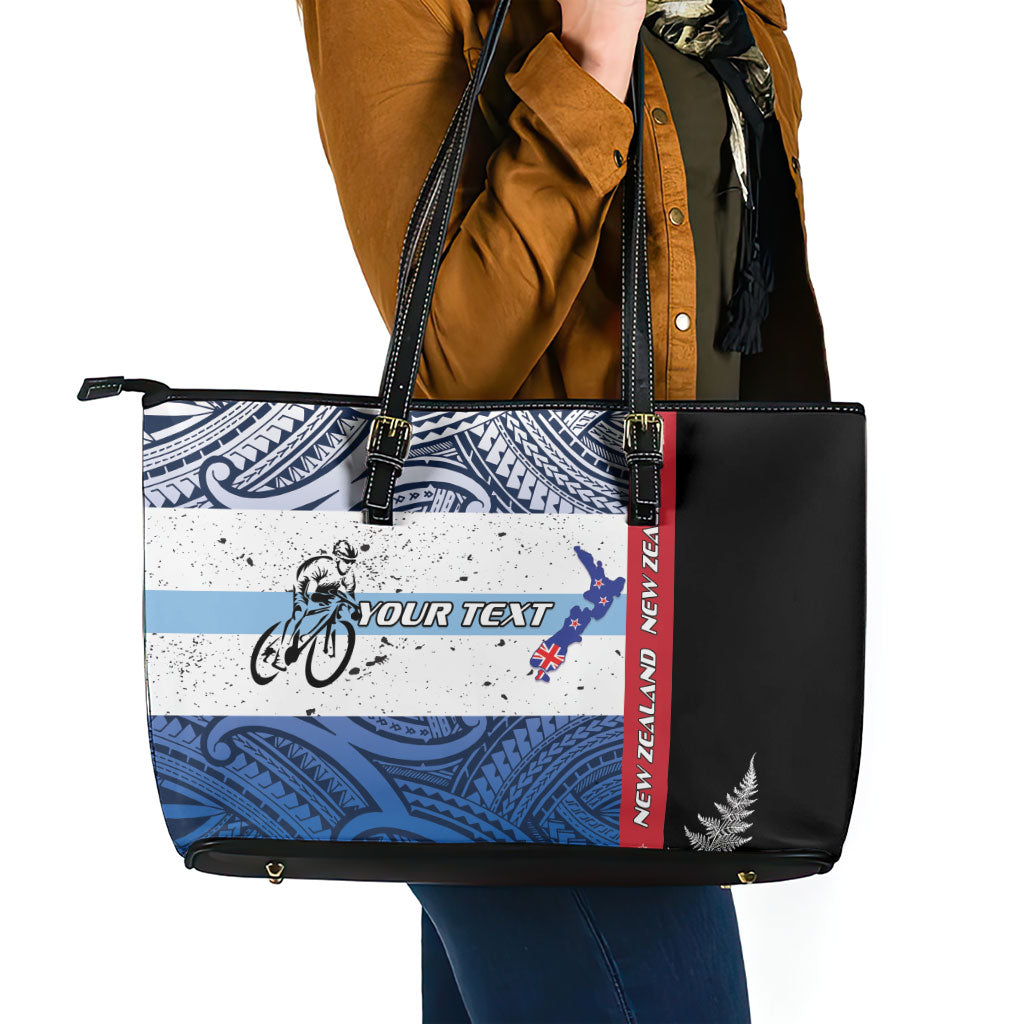 Personalised Cycling New Zealand Leather Tote Bag Aotearoa Map Fern Maori Pattern LT22 - Polynesian Pride