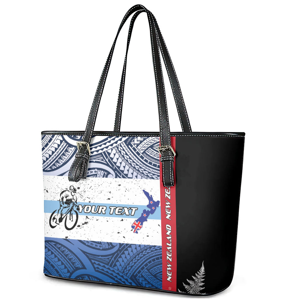 Personalised Cycling New Zealand Leather Tote Bag Aotearoa Map Fern Maori Pattern LT22 - Polynesian Pride