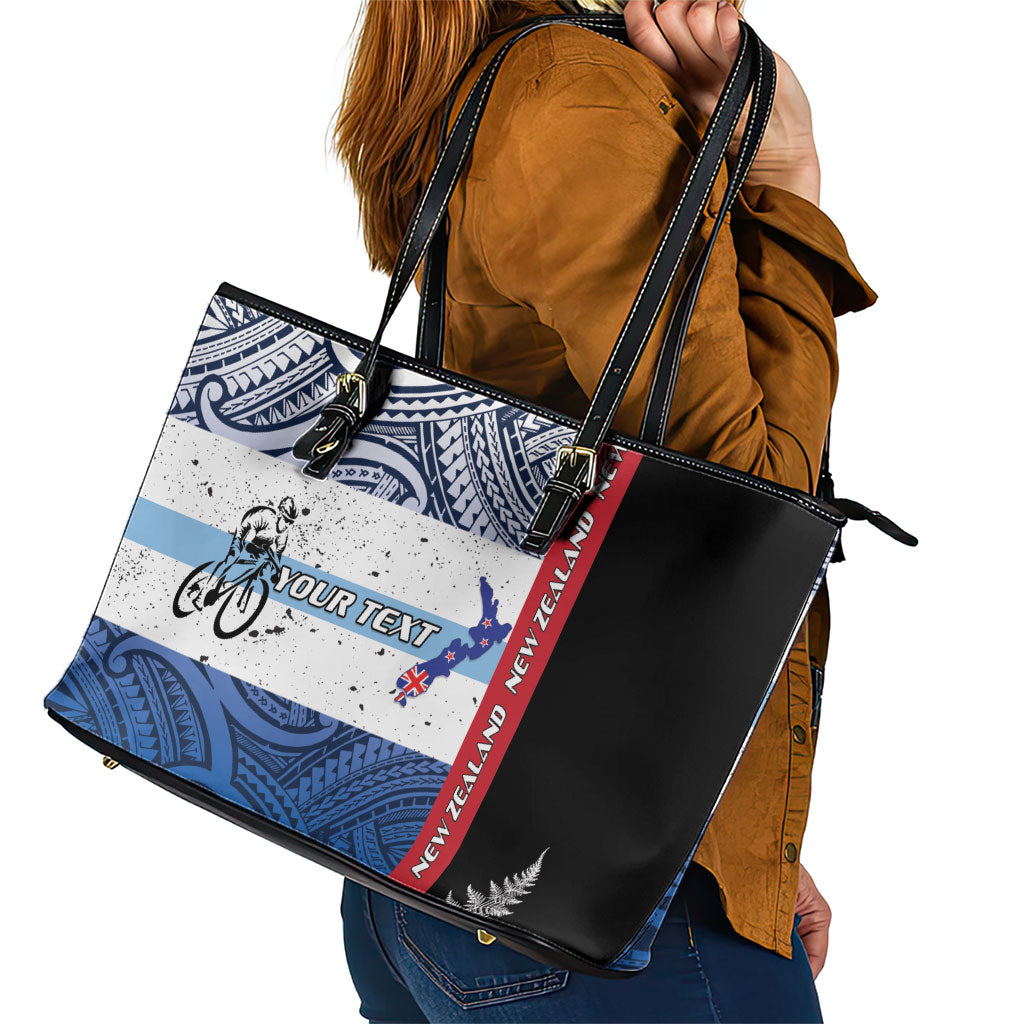 Personalised Cycling New Zealand Leather Tote Bag Aotearoa Map Fern Maori Pattern LT22 - Polynesian Pride