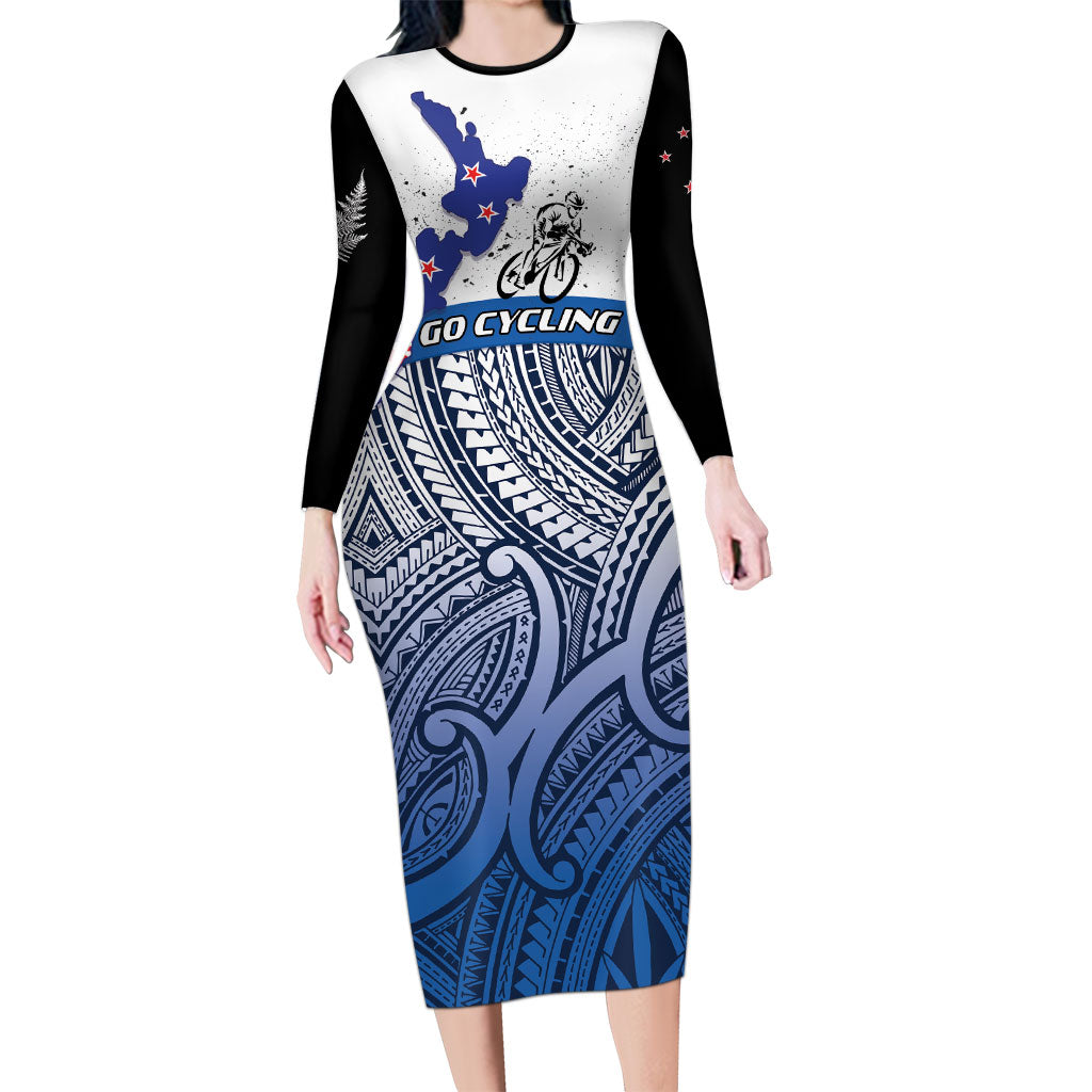 Personalised Cycling New Zealand Long Sleeve Bodycon Dress Aotearoa Map Fern Maori Pattern LT22 Long Dress Blue - Polynesian Pride
