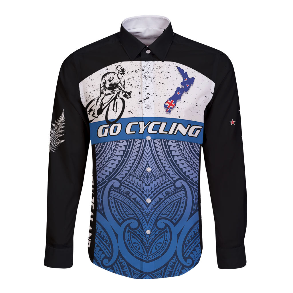 Personalised Cycling New Zealand Long Sleeve Button Shirt Aotearoa Map Fern Maori Pattern