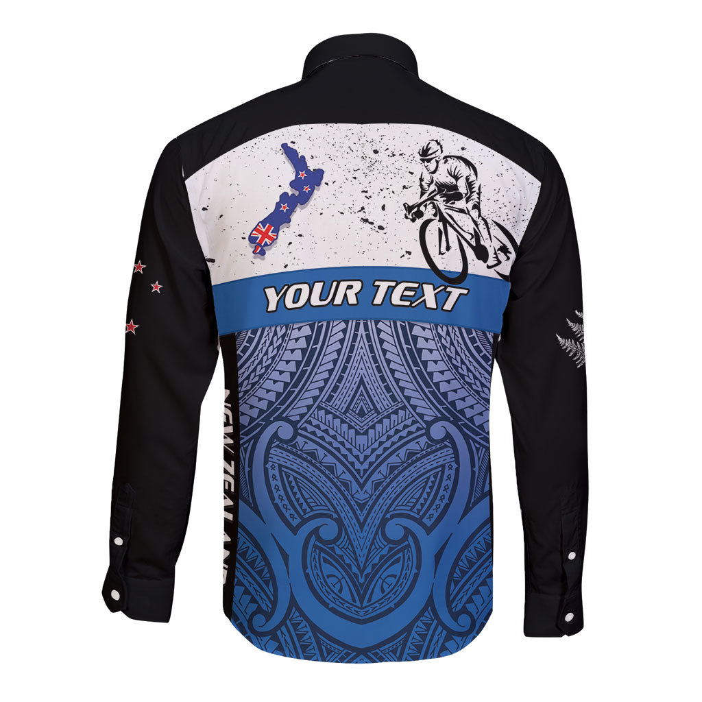 Personalised Cycling New Zealand Long Sleeve Button Shirt Aotearoa Map Fern Maori Pattern