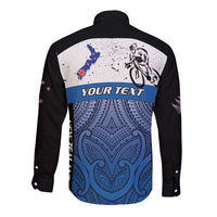 Personalised Cycling New Zealand Long Sleeve Button Shirt Aotearoa Map Fern Maori Pattern