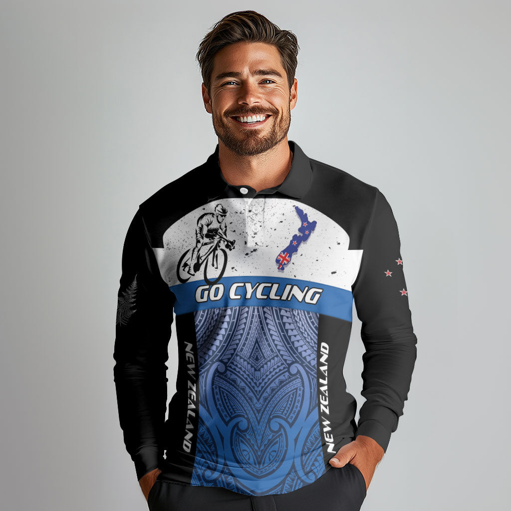 Personalised Cycling New Zealand Long Sleeve Polo Shirt Aotearoa Map Fern Maori Pattern LT22 - Polynesian Pride