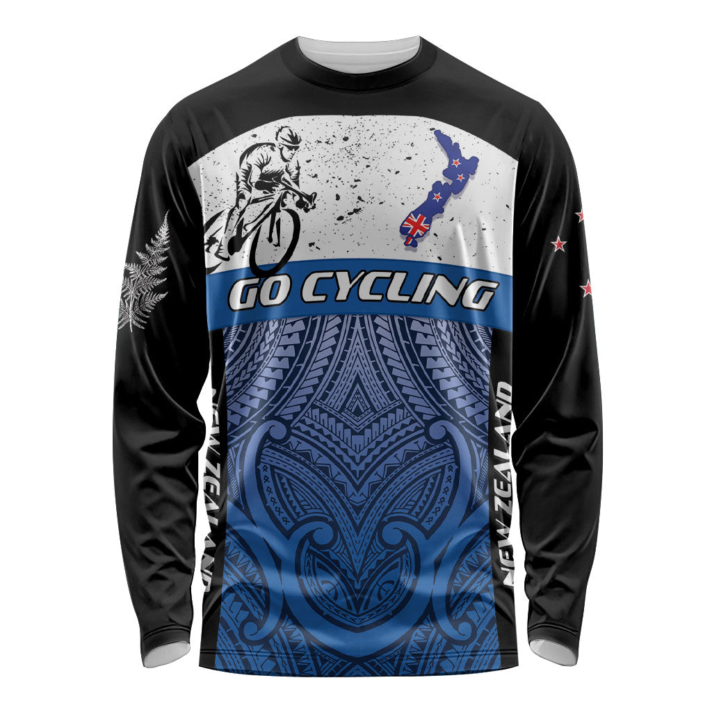 Personalised Cycling New Zealand Long Sleeve Shirt Aotearoa Map Fern Maori Pattern LT22 Unisex Blue - Polynesian Pride