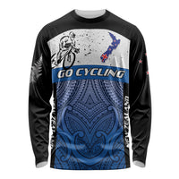 Personalised Cycling New Zealand Long Sleeve Shirt Aotearoa Map Fern Maori Pattern LT22 Unisex Blue - Polynesian Pride