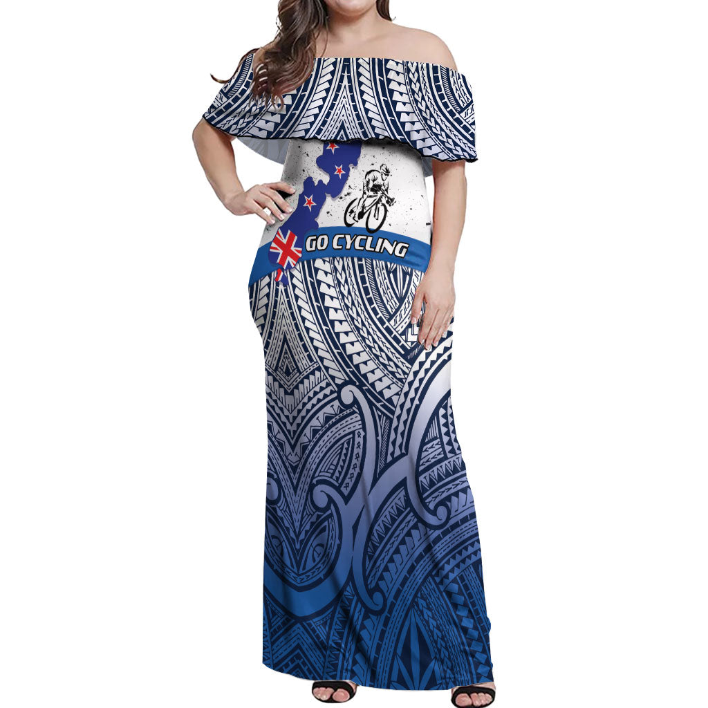 Personalised Cycling New Zealand Off Shoulder Maxi Dress Aotearoa Map Fern Maori Pattern LT22 Women Blue - Polynesian Pride