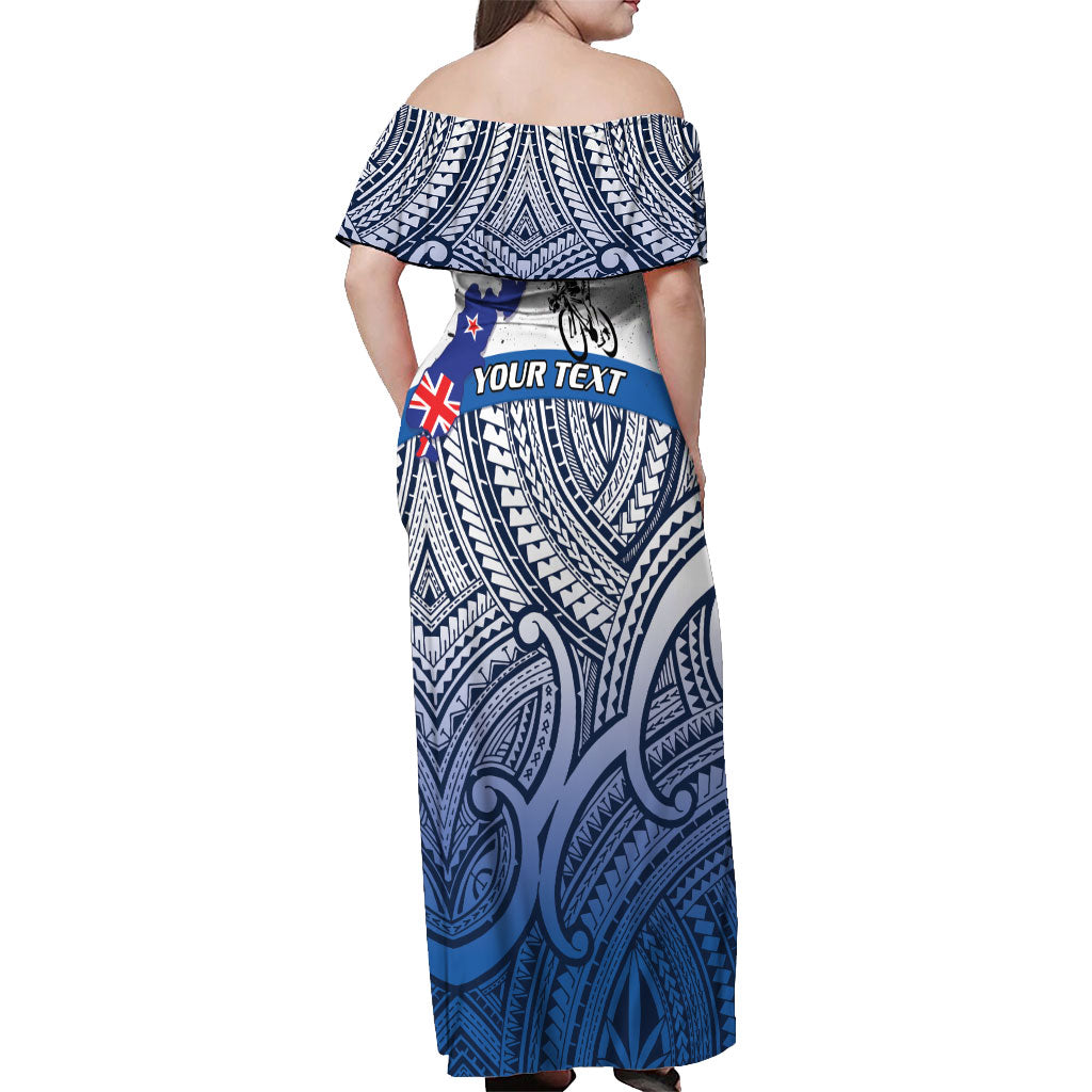 Personalised Cycling New Zealand Off Shoulder Maxi Dress Aotearoa Map Fern Maori Pattern LT22 - Polynesian Pride