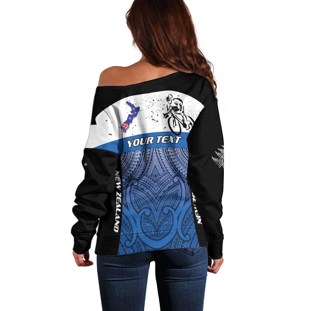 Personalised Cycling New Zealand Off Shoulder Sweater Aotearoa Map Fern Maori Pattern LT22 - Polynesian Pride