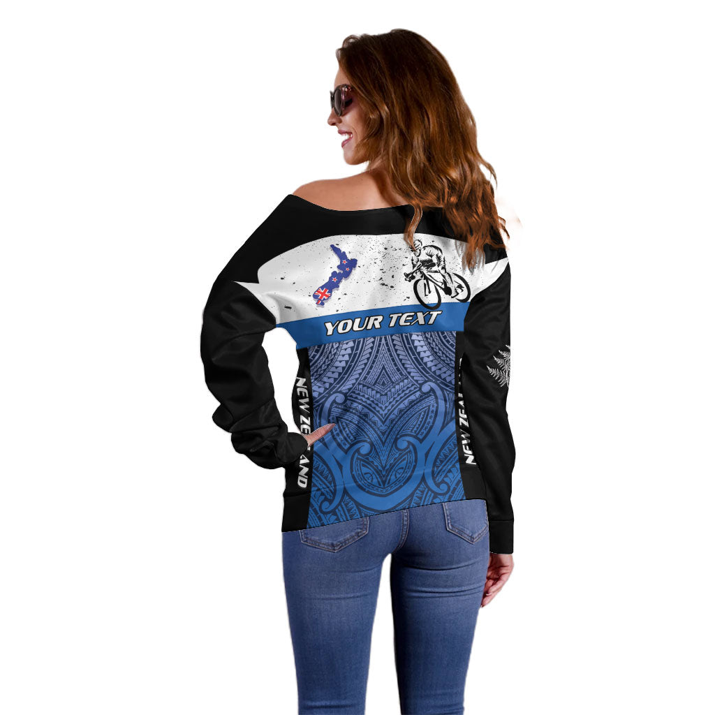 Personalised Cycling New Zealand Off Shoulder Sweater Aotearoa Map Fern Maori Pattern LT22 - Polynesian Pride