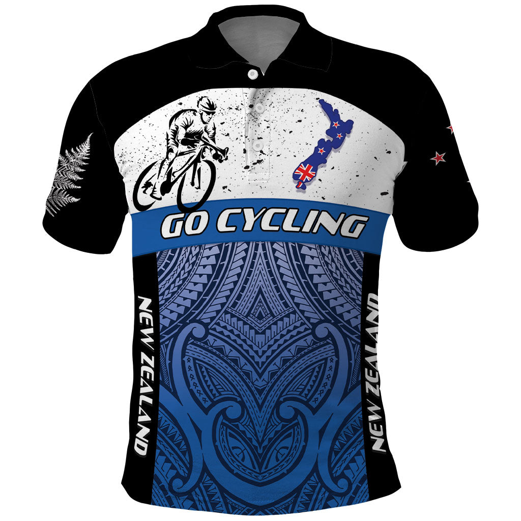 Personalised Cycling New Zealand Polo Shirt Aotearoa Map Fern Maori Pattern