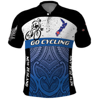 Personalised Cycling New Zealand Polo Shirt Aotearoa Map Fern Maori Pattern LT22 Blue - Polynesian Pride