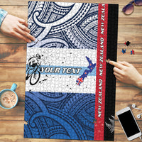 Personalised Cycling New Zealand Puzzle Aotearoa Map Fern Maori Pattern LT22 Blue - Polynesian Pride