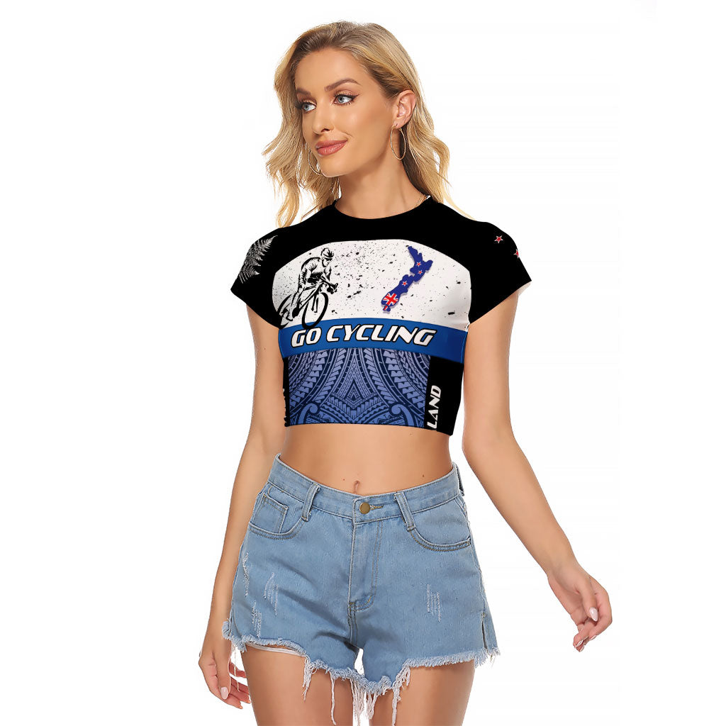 Personalised Cycling New Zealand Raglan Cropped T Shirt Aotearoa Map Fern Maori Pattern LT22 Female Blue - Polynesian Pride