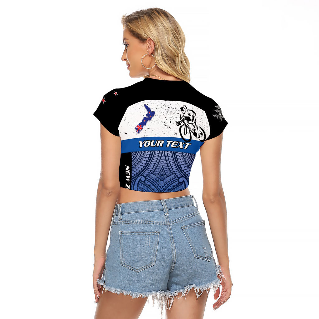 Personalised Cycling New Zealand Raglan Cropped T Shirt Aotearoa Map Fern Maori Pattern LT22 - Polynesian Pride