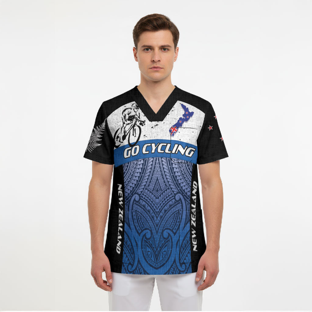 Personalised Cycling New Zealand Scrub Top Aotearoa Map Fern Maori Pattern LT22 - Polynesian Pride