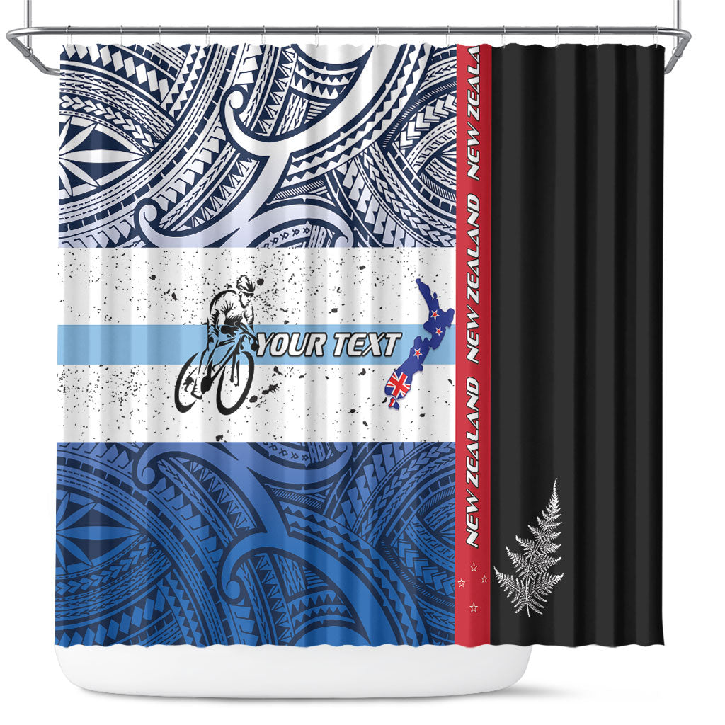 Personalised Cycling New Zealand Shower Curtain Aotearoa Map Fern Maori Pattern LT22 Blue - Polynesian Pride