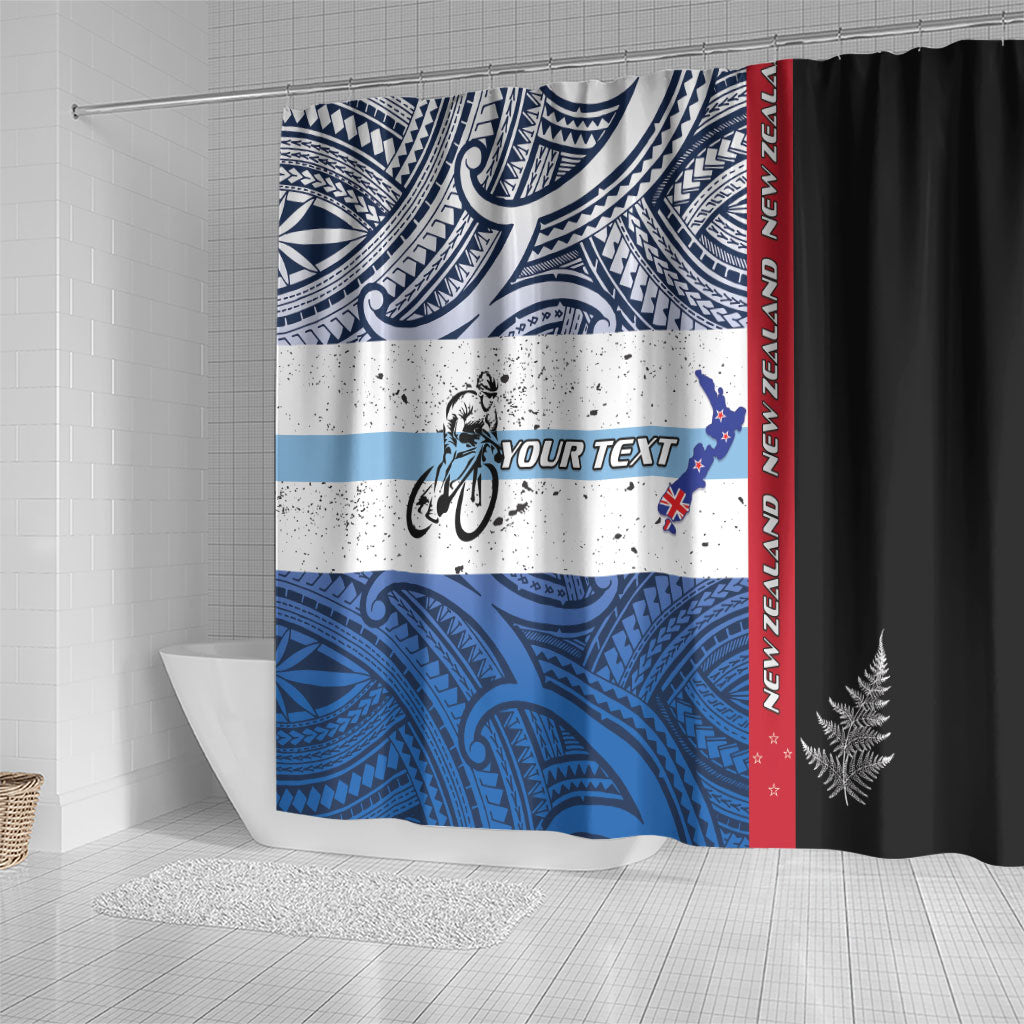 Personalised Cycling New Zealand Shower Curtain Aotearoa Map Fern Maori Pattern LT22 - Polynesian Pride