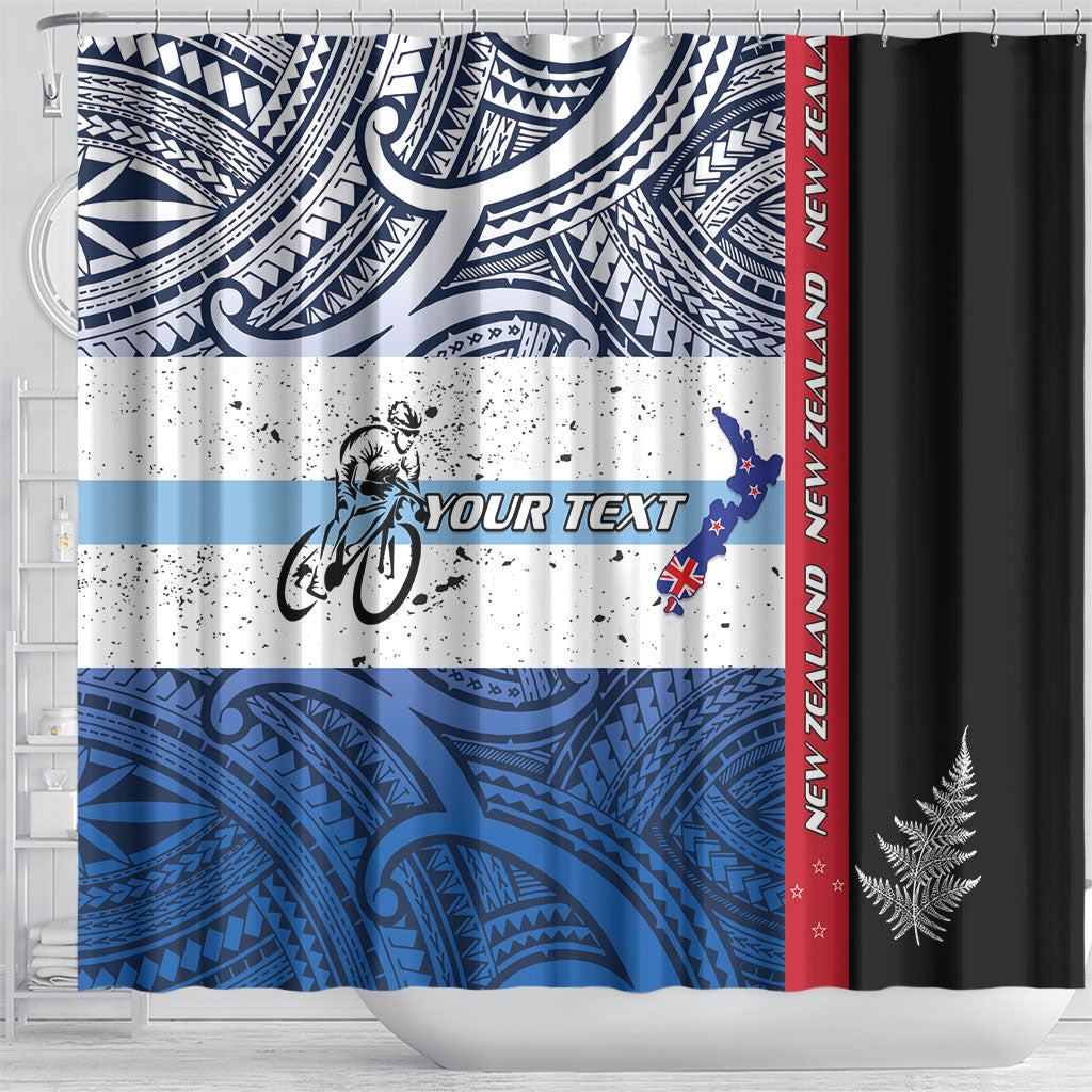 Personalised Cycling New Zealand Shower Curtain Aotearoa Map Fern Maori Pattern LT22 - Polynesian Pride