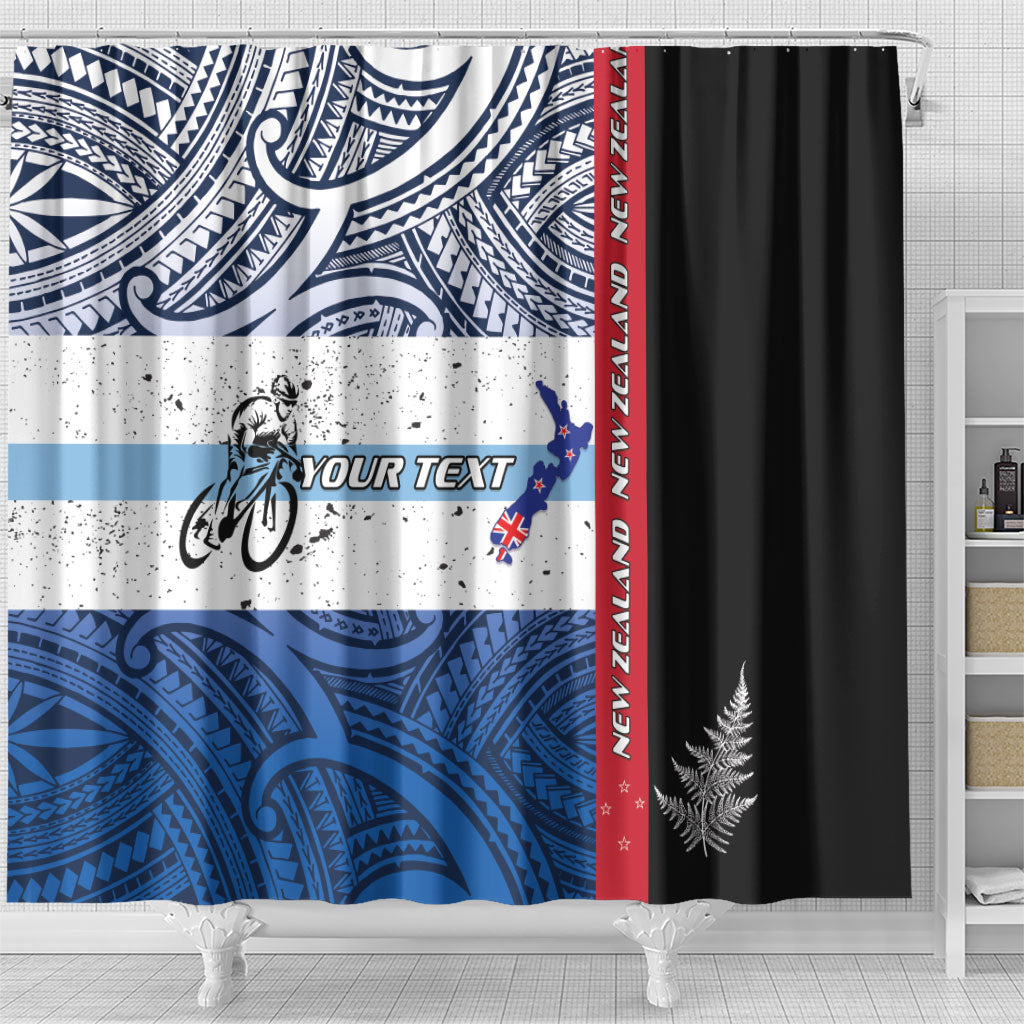 Personalised Cycling New Zealand Shower Curtain Aotearoa Map Fern Maori Pattern LT22 - Polynesian Pride