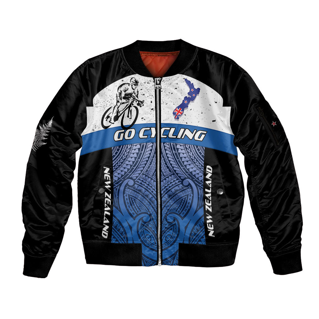 Personalised Cycling New Zealand Sleeve Zip Bomber Jacket Aotearoa Map Fern Maori Pattern LT22 Unisex Blue - Polynesian Pride