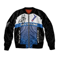 Personalised Cycling New Zealand Sleeve Zip Bomber Jacket Aotearoa Map Fern Maori Pattern LT22 Unisex Blue - Polynesian Pride